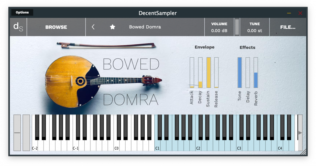 The User interface for the Bowed Domra sample library.